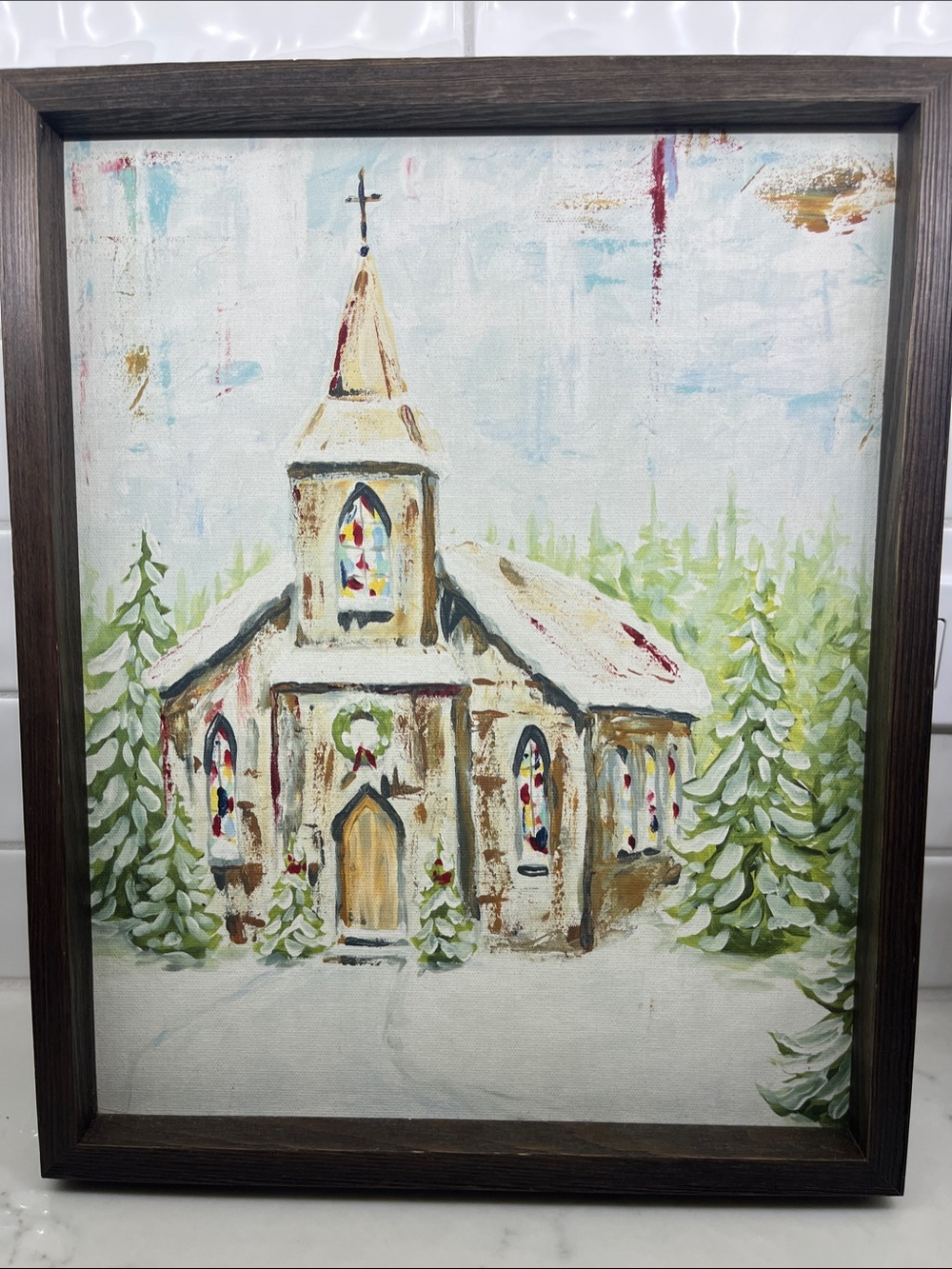 Glory Haus Framed Church Winter Landscape Painting in Soft Greens and Creams